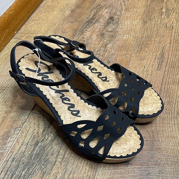 NWOT Sketchers Woman’s Black & Cork Wedge Heels Size 10 - Picture 1 of 7